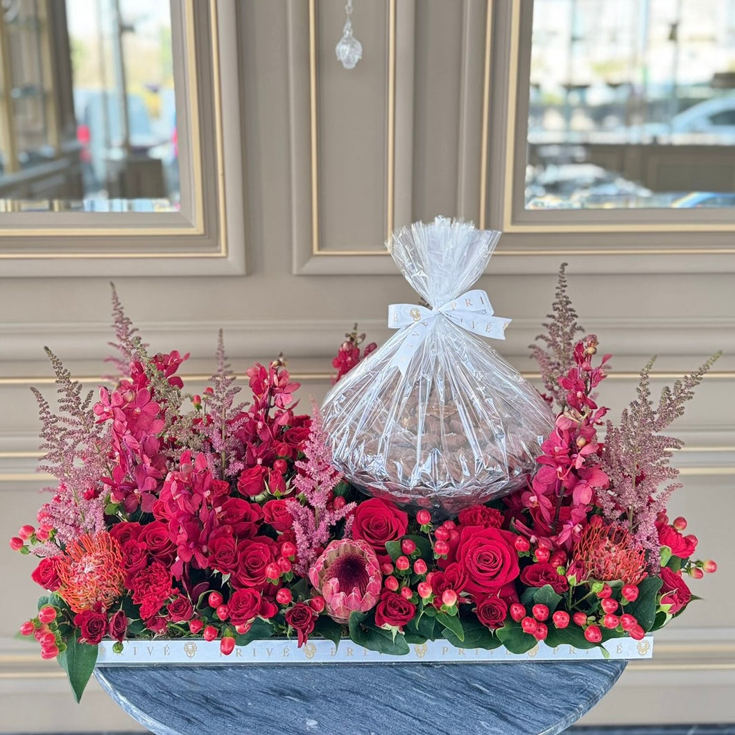Luxury Red Flower Arrangement with Glass Bowl of Chocolates