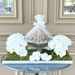 Orchid Waves White Arrangement with Bowl of Chocolates