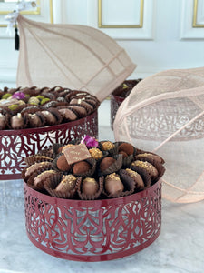 Maroon Calligraphy Base & Cover Set With Chocolate Covered Dates & Date Balls (3 Sizes Available)