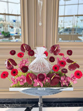 Load image into Gallery viewer, Burgandy Arrangement with Bowl of Chocolates (Flowers based on availability)

