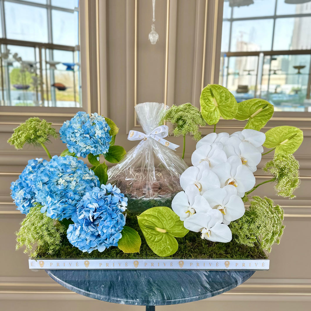 Blue Elegance Arrangement with Crystal Bowl of Chocolates