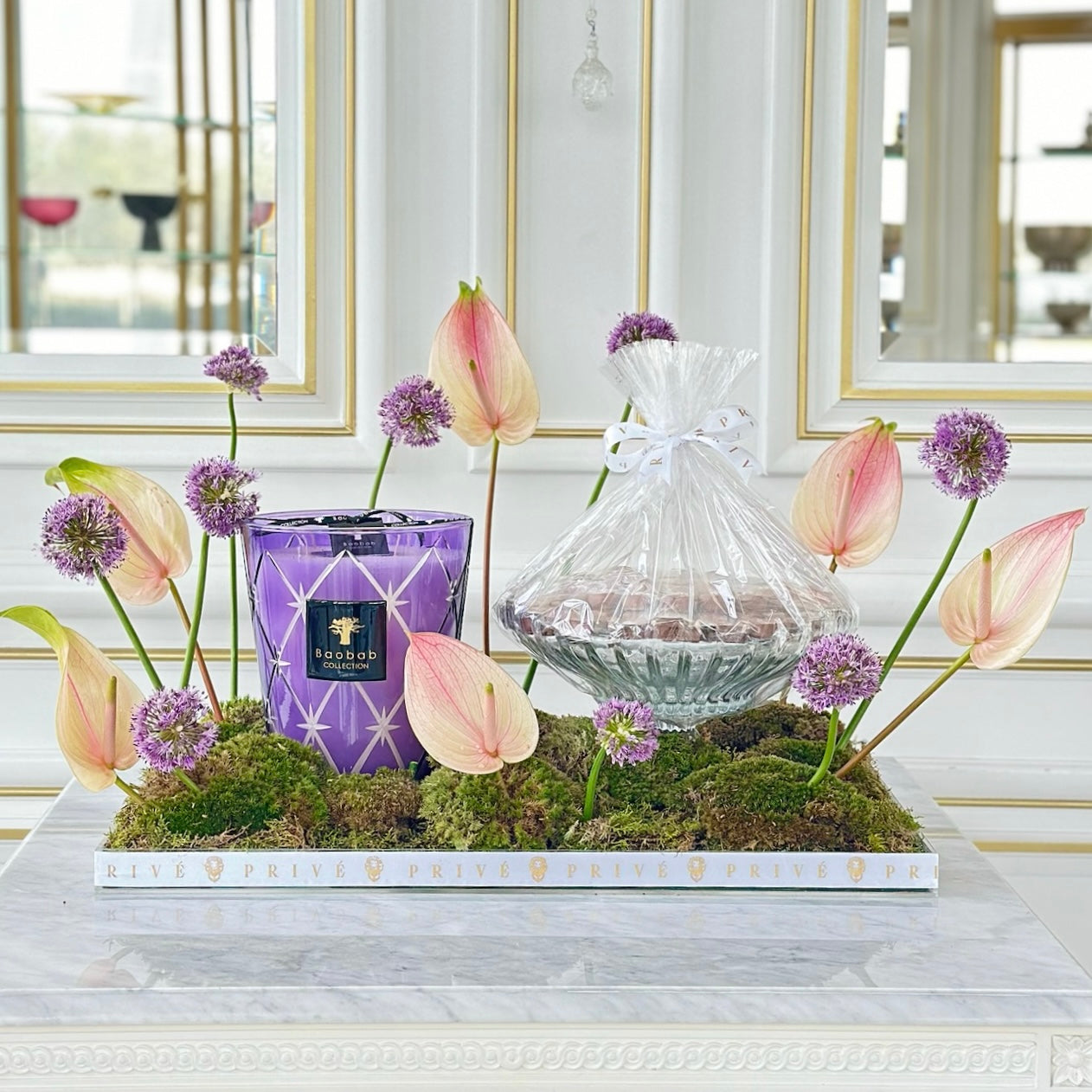 anthurium candle Anthurium & Allium Flower Arrangement with Glass Bowl of Chocolates & –  Prive Chocolates