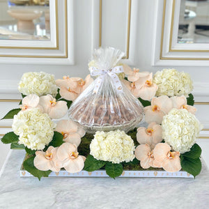 Elegant Orchid & Hydrangeas Arrangement with Bowl of Chocolates