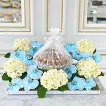 Load image into Gallery viewer, Elegant Blue Orchid &amp; Hydrangeas Arrangement with Bowl of Chocolates
