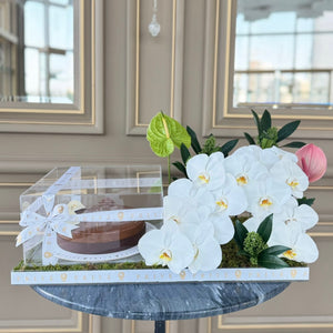 Arrangement with Cake in Gift Box And Orchid & Anthurium Flowers