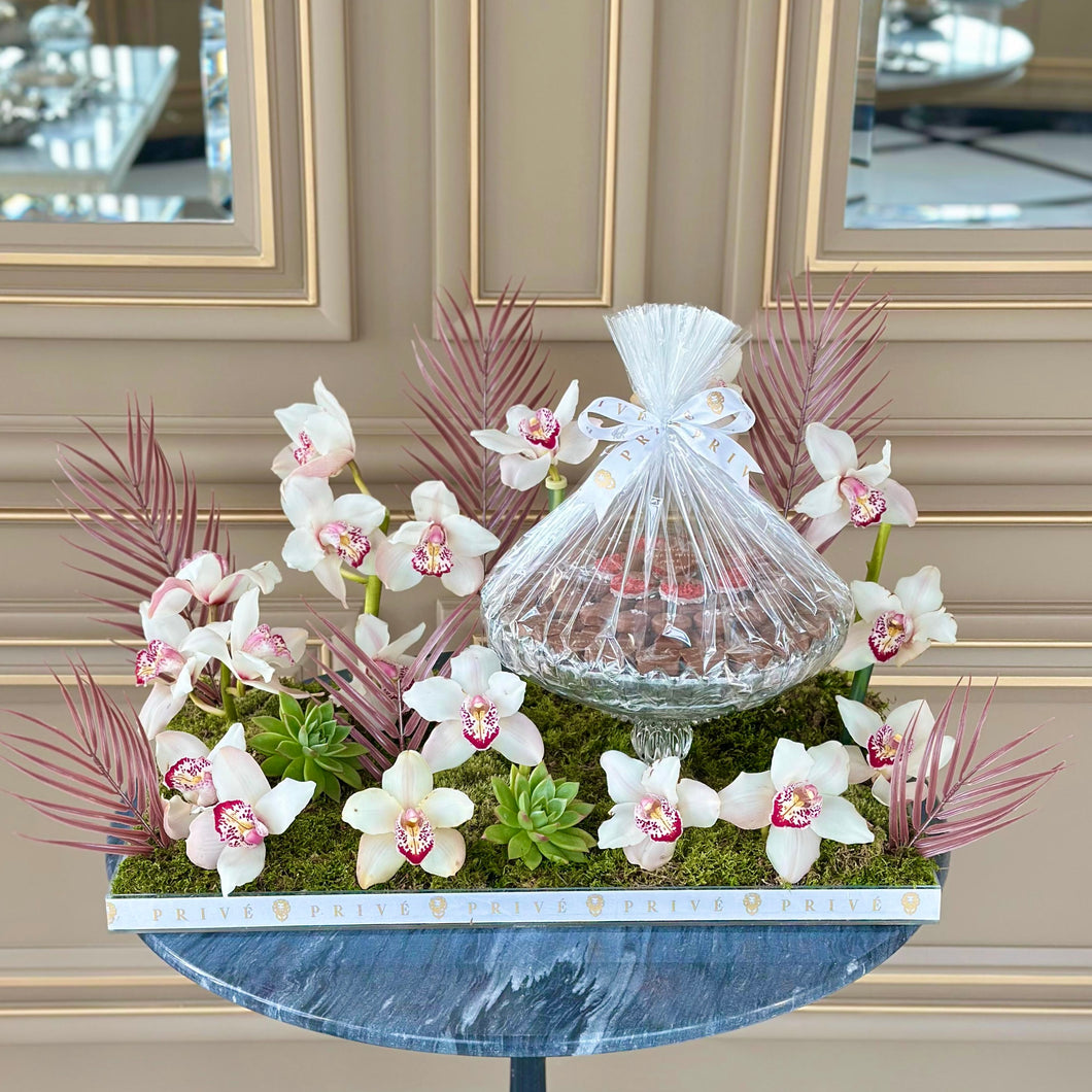 Dreamy White & Pink Orchids Arrangement with Bowl of Chocolates