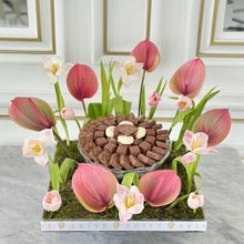 Load image into Gallery viewer, Pink Anthurium Tulips Square Tray Arrangement With Chocolate Bowl
