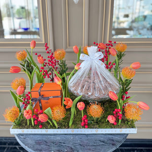 Luxury Orange Arrangement with Chocolate Bowl & Hermes Gift