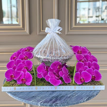 Load image into Gallery viewer, Orchid Waves Arrangement in Pink/Purple with Bowl of Chocolates
