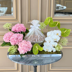 Pink Elegance Arrangement with Crystal Bowl of Chocolates