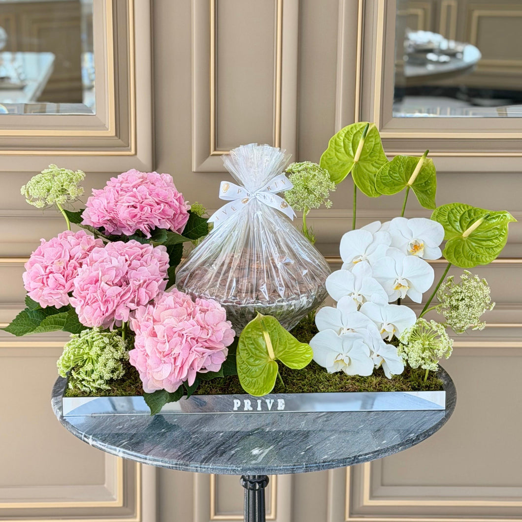 Pink Elegance Arrangement with Crystal Bowl of Chocolates