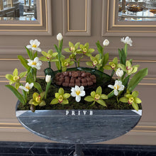 Load image into Gallery viewer, Elegant orchid arrangement with crystal bowl of chocolates
