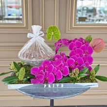 Load image into Gallery viewer, Luxury Orchid Arrangement with Bowl of Chocolates (Flower colors based on availability)
