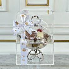 Load image into Gallery viewer, Gift Box of Small Silver Rings Glass Bowl &amp; Cover With 300g Wrapped Chocolates &amp; Dates
