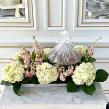 Load image into Gallery viewer, Hydrangeas White &amp; Pink Flower Arrangement with Glass Bowl of Chocolates
