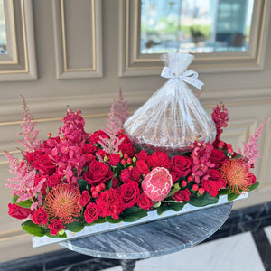 Luxury Red Flower Arrangement with Glass Bowl of Chocolates