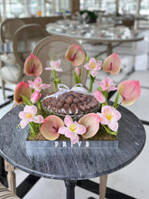 Load image into Gallery viewer, Pink Anthurium Tulips Square Tray Arrangement With Chocolate Bowl
