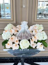 Load image into Gallery viewer, Elegant Peach Orchid &amp; Hydrangeas Arrangement with Bowl of Chocolates
