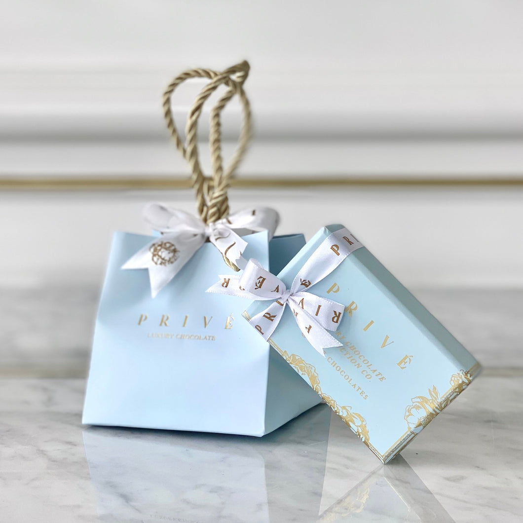 5 Blue Giveaway Bags with Mini Chocolates box