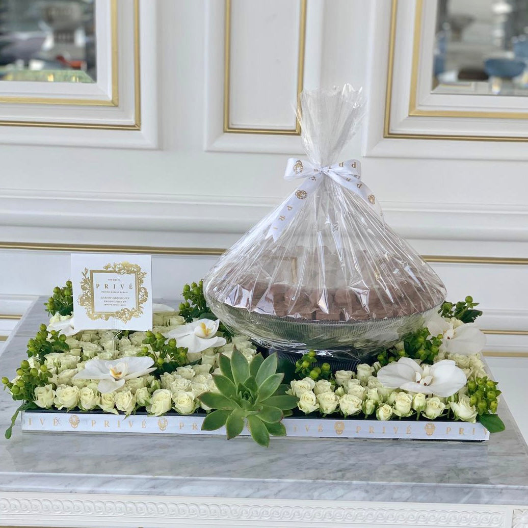Luxury White Flower Bed with Glass Bowl of Chocolates