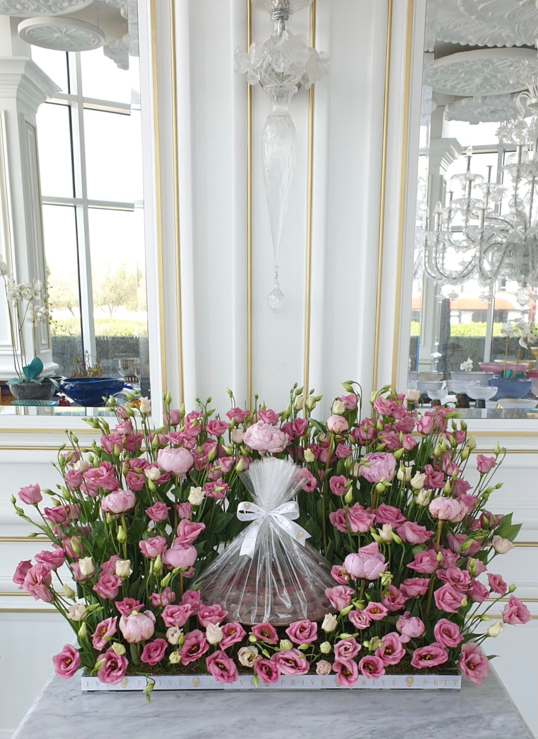 Luxury Standing Pink Flower Arrangement with Chocolates