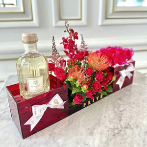 Red Gift Tray With Wrapped Chocolates & Flowers
