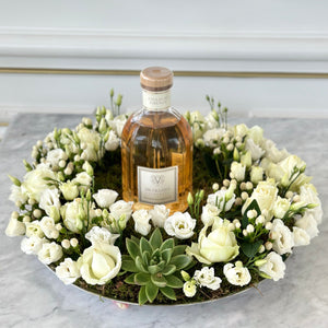 Diffuser or Candle with Round White Flower Arrangement