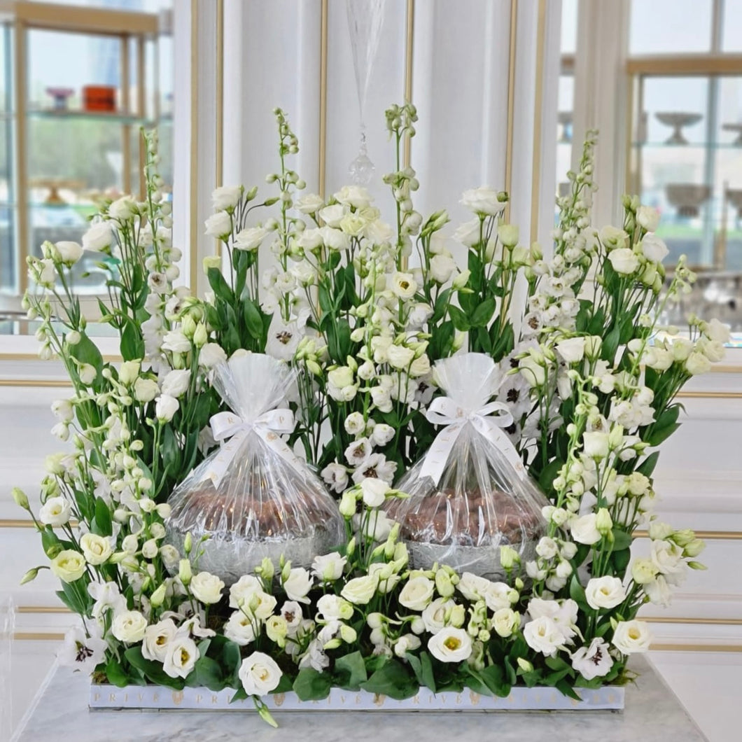 Luxury White Standing Flower Arrangement with 2 Bowls of Best Selling Chocolates