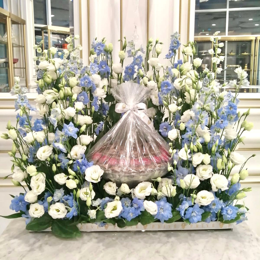Luxury White/Blue Standing Flower Arrangement with Bowl of Chocolates