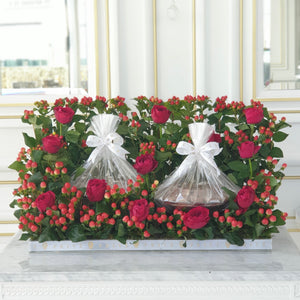 Luxury Red Arrangement with 2 Glass Bowls of Chocolates