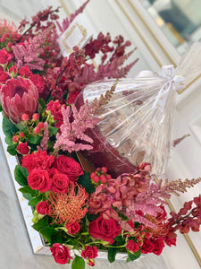 Luxury Red Flower Arrangement with Glass Bowl of Chocolates