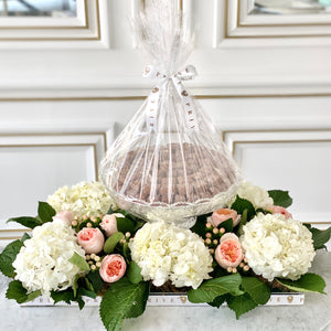 Luxury White Hydrangeas Arrangement with Glass Bowl of Chocolates