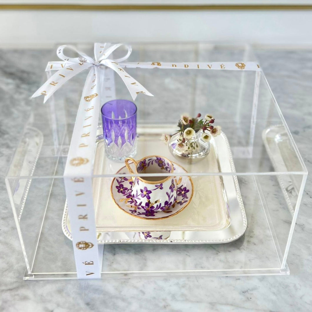 Two Coffee Sets Gift in Plexi Gift Boxes and Flowers Tray