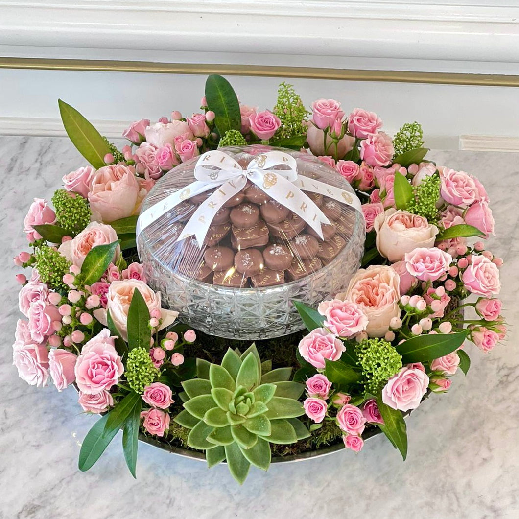 Crystal Chocolate Bowl with Round Pink Flower Arrangement