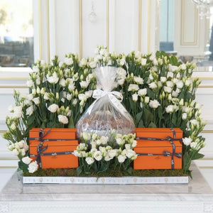 Luxury White Arrangement with 4 Gift Boxes & Chocolate Bowl