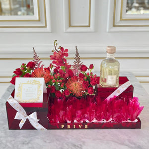 Large Luxury Red Gift Tray With Wrapped Chocolates & Flowers