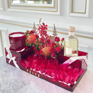 Large Luxury Red Gift Tray With Wrapped Chocolates & Flowers