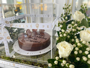 Cake in Plexi Box & Tray with White Flowers