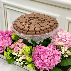 Luxury Pink Hydrangeas Arrangement with Glass Bowl of Chocolates