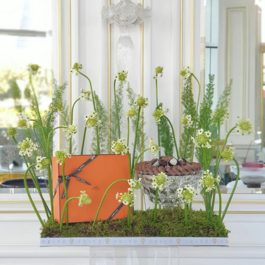 Green Flowers Arrangement with Chocolate Bowl & Gift