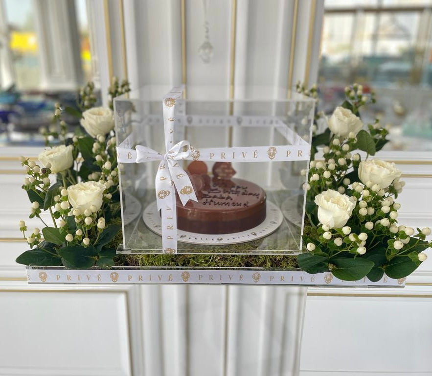Cake in Plexi Box & Tray with White Flowers