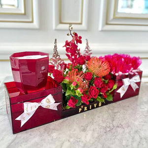 Red Gift Tray With Wrapped Chocolates & Flowers